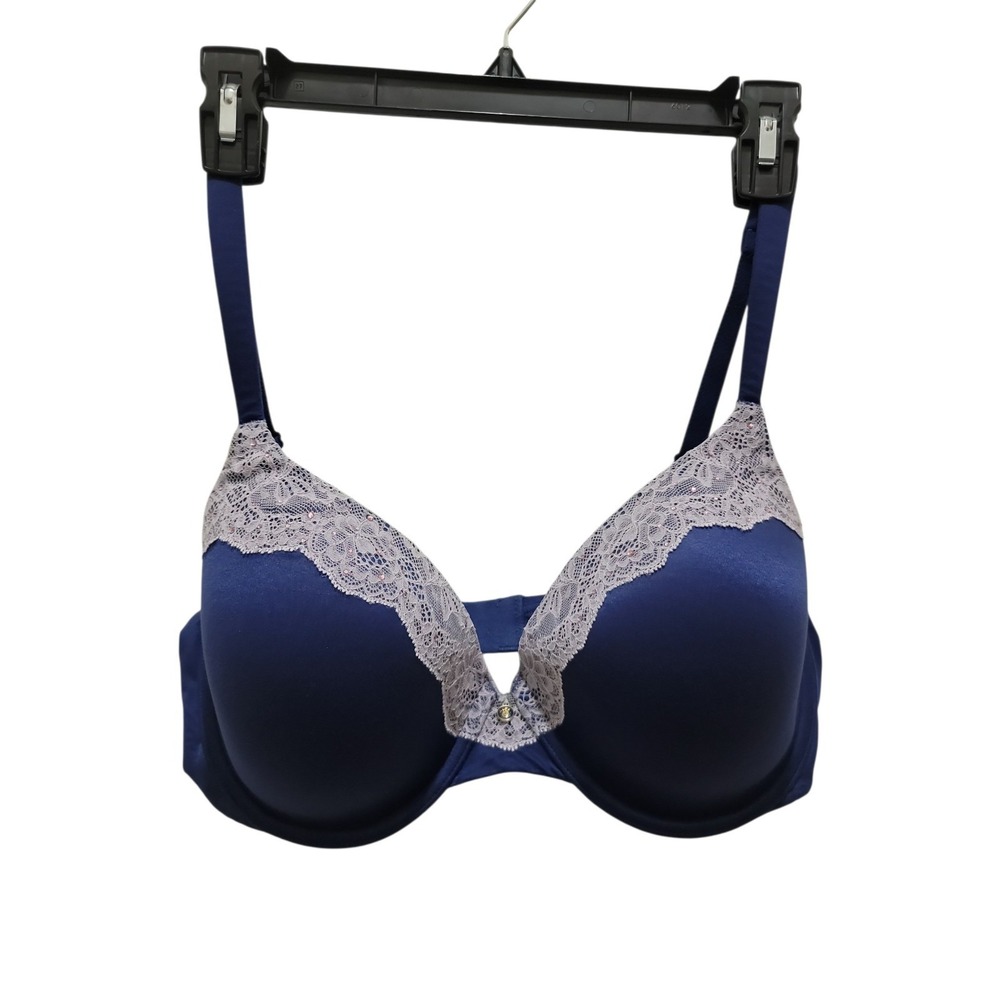 Victoria's Secret  Lined Perfect Coverage Bra Sz 36D Blue Lace Rhinestones